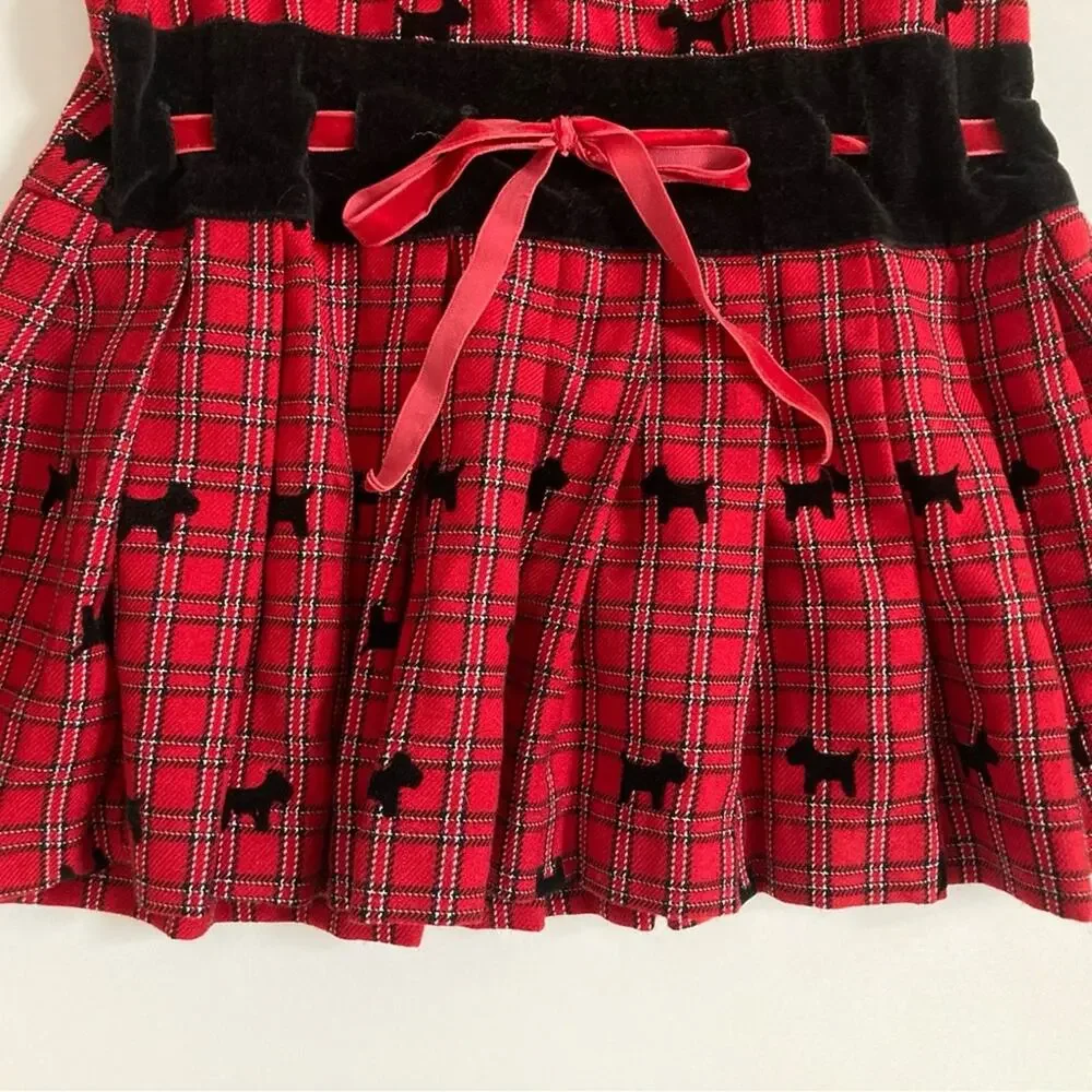 Samantha Says Red Tartan Plaid Velvet Scottie Dogs Button Back Tie Formal Dress